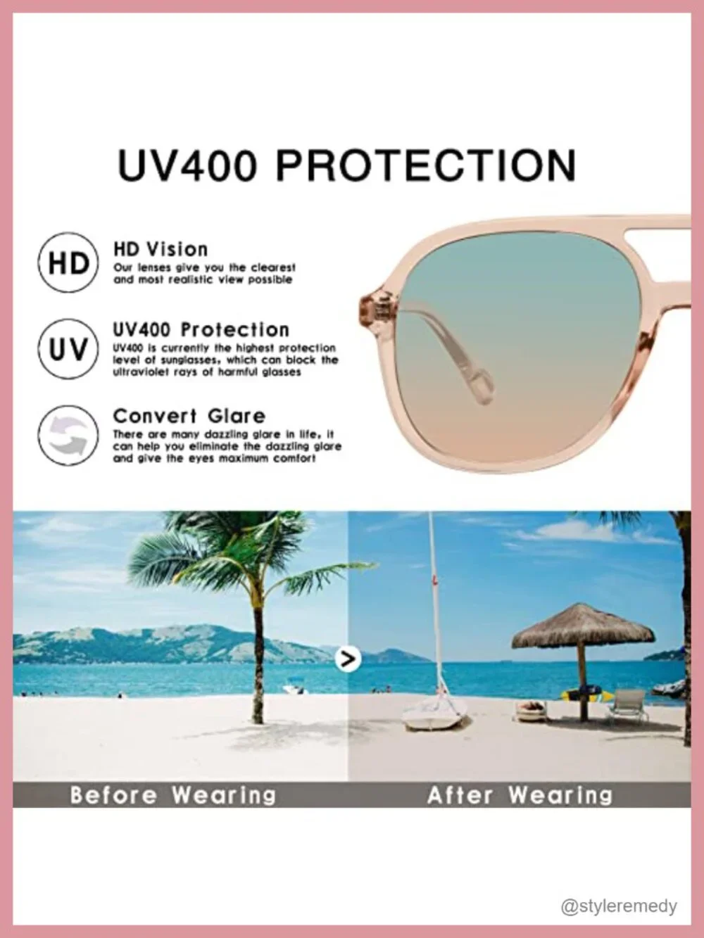 Retro Square Aviator Sunglasses HD UV400 Double Bridge